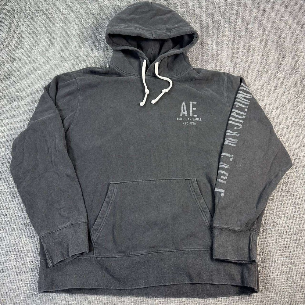 American Eagle Hoodie Mens XXL Black Faded Graphic Sleeve Pullover